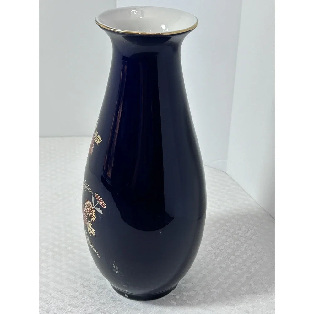 Japanese Cobalt Blue Porcelain Flower Floral Vase W/Gold‎ & Silver Leaf 10